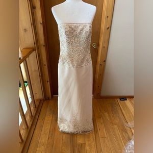 Champagne satin Sz 14 with rhinestones sheer shrug